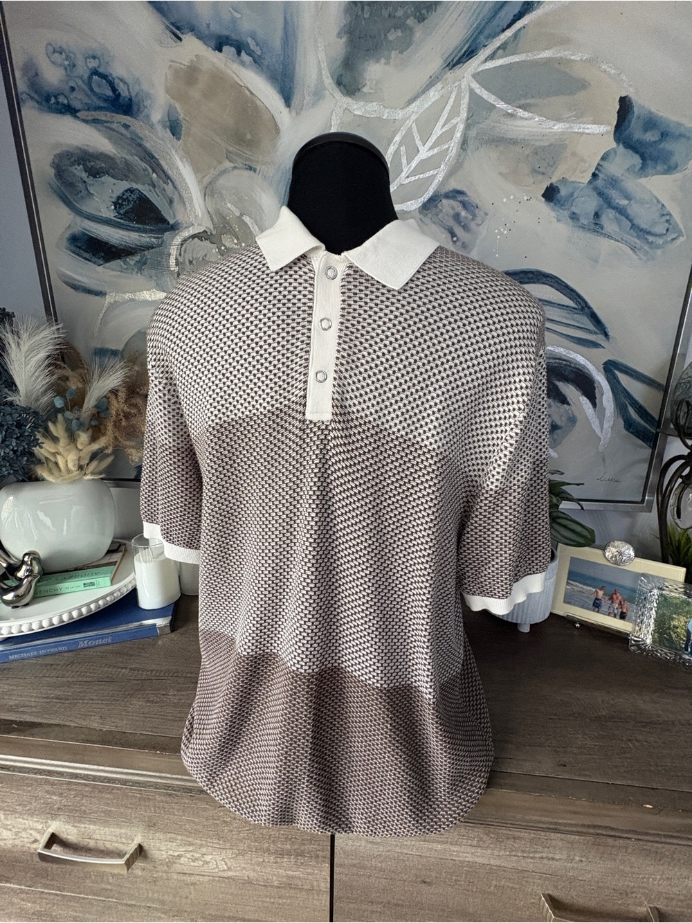 Denim & Flower Short Sleeve Knit Polo in Cream and Brown